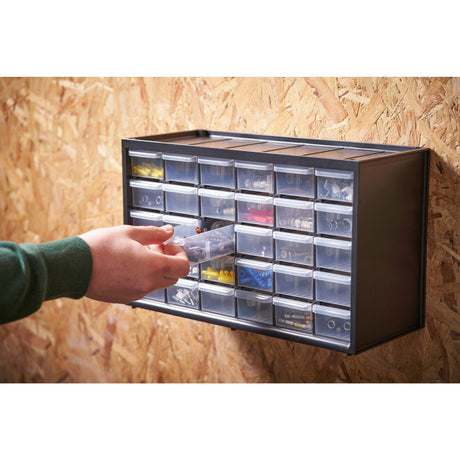 Cómoda Stanley, caja de herramientas con 30 compartimentos (negro transparente)