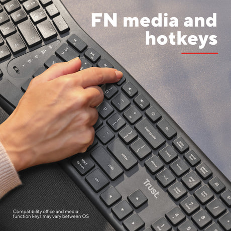 Trust Keyra teclado inalámbrico ergonómico (negro, distribución estadounidense (QWERTY), 100%, 2,4 GHz USB | Bluetooth)