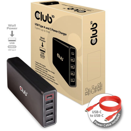 Cargador de corriente Club 3D USB tipo A y C, 5 puertos hasta 111 W (negro)