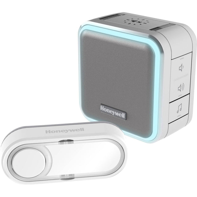 Honeywell DC515SG Timbre portátil inalámbrico con iluminación Halo, modo de suspensión y pulsador (blanco gris)