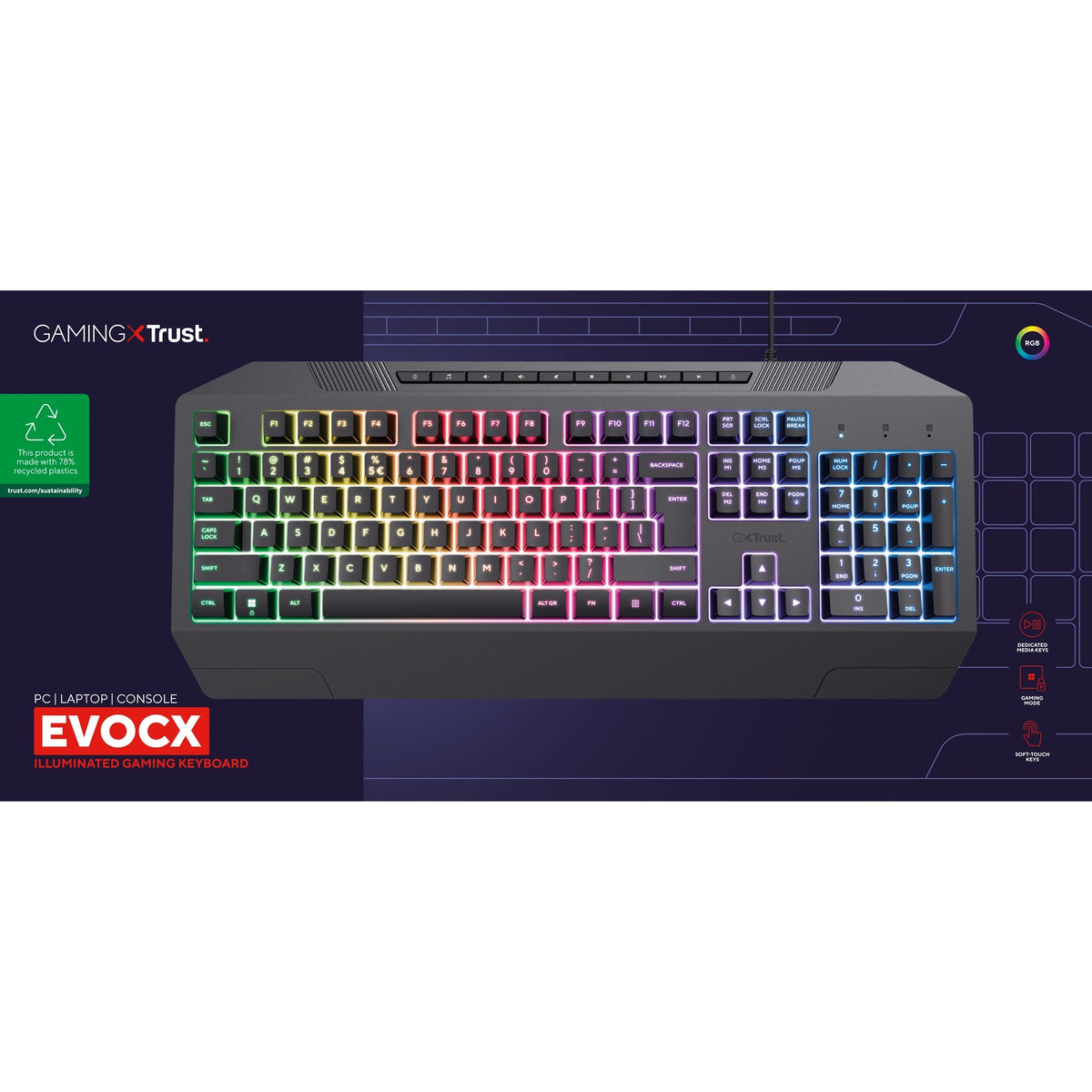 Trust GXT 836 EVOCX RGB teclado para juegos (negro, disposición US (QWERTY), membrana, 100%, RGB)