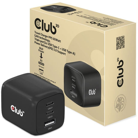 Cargador de viaje club 3d 65w gan (negro)