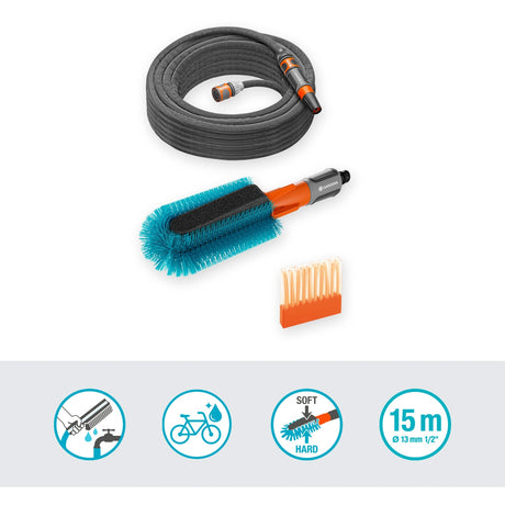Juego de lavado de bicicletas Gardena cleansystem, con cepillo para bicicleta, manguera y cepillo de lavado en pastilla de jabón (gris turquesa, 18864-20)