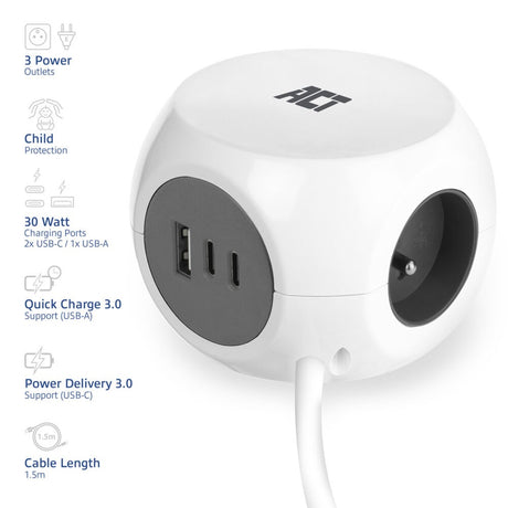 Regleta cúbica Act conectividad Act con 3 enchufes, puertos USB-C a de suministro de energía de 30w, longitud del cable 1,5m ac2425