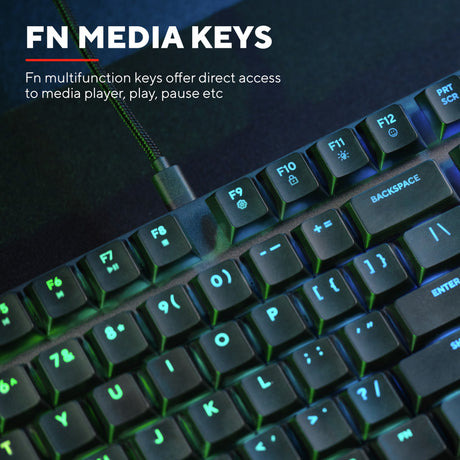 Trust GXT 866 Torix teclado mecánico para juegos (negro, distribución estadounidense (QWERTY), Huano Red, 100%, RGB)