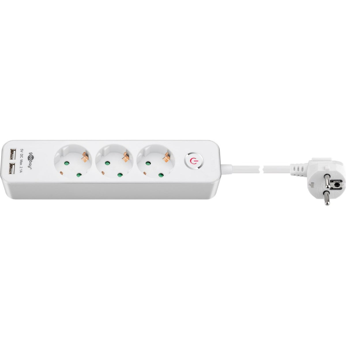 Regleta Goobay de 3 vías con interruptor y regleta USB (blanca, cable 1,5 metros, 2x USB-A)