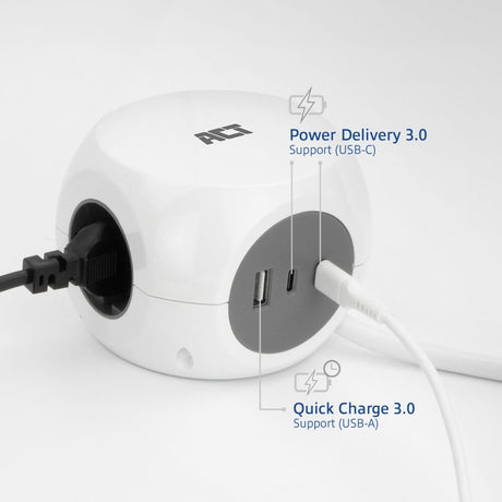 Regleta cúbica Act conectividad Act con 3 enchufes, puertos USB-C a de suministro de energía de 30w, longitud del cable 1,5m ac2425
