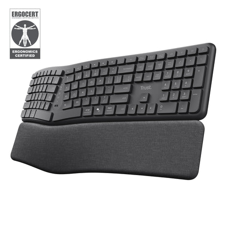 Trust Keyra teclado inalámbrico ergonómico (negro, distribución estadounidense (QWERTY), 100%, 2,4 GHz USB | Bluetooth)