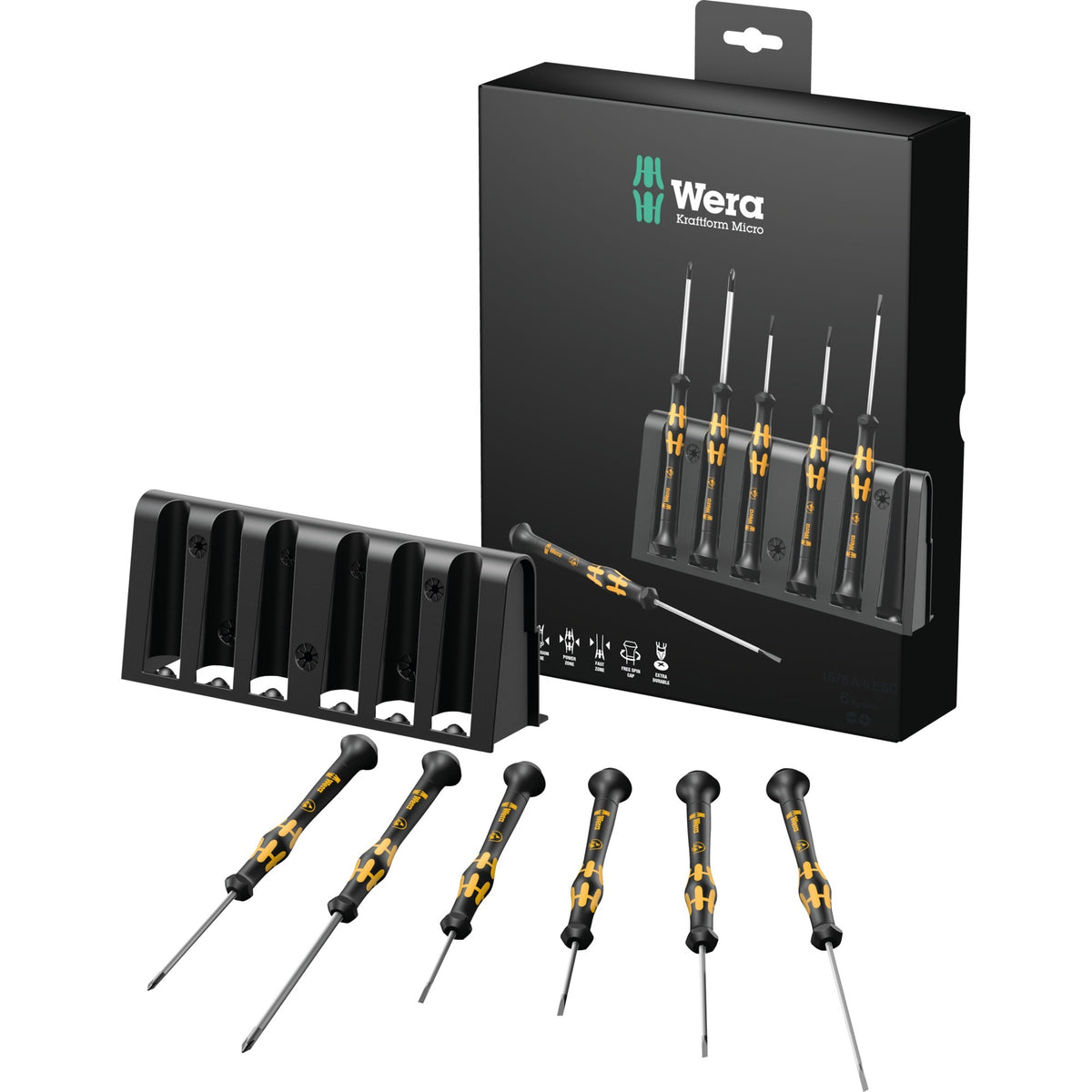 Juego de destornilladores micro ESD Wera con rejilla (negro amarillo, 6 piezas)