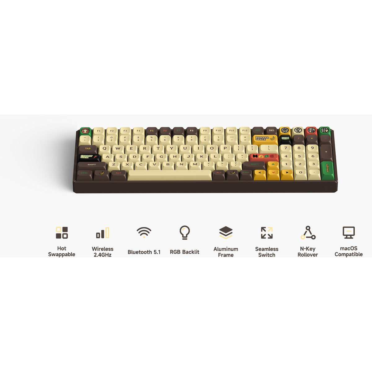 Teclado mecánico inalámbrico Iqunix f97 happy ape (marrón, diseño estadounidense (qwerty), rojo cereza mx, 96%, leds rgb, intercambiable en caliente, pbt, 2,4 ghz | bluetooth 5.1 | usb-c)