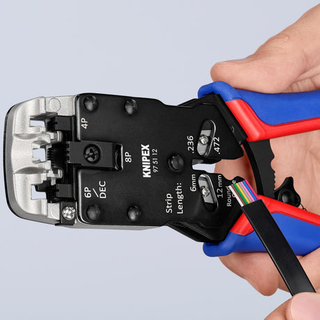 Alicates para engarzar Knipex 97 51 12 sb (azul rojo, RJ-10, RJ-11 12 y RJ-45)