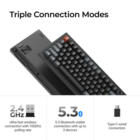 Teclado mecánico personalizado inalámbrico Keychron v3 ultra 8k (negro, diseño estadounidense (qwerty), rojo seda pom, 80% (tkl), rgb, intercambio en caliente, 2,4 ghz | bluetooth 5.3 | usb-c)