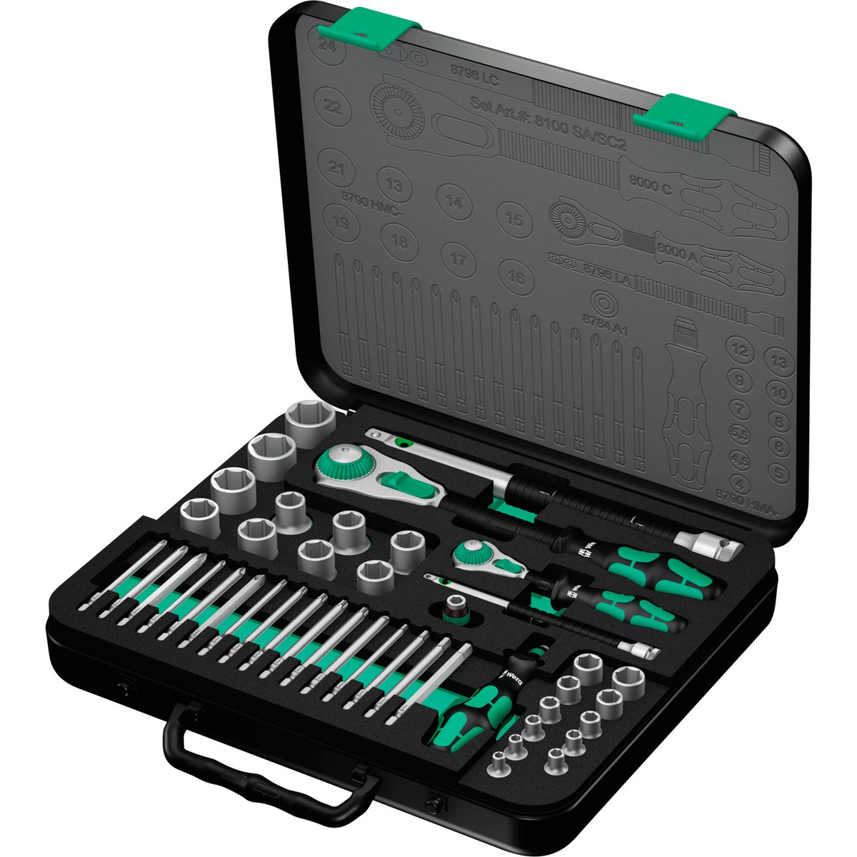 Juego de herramientas Wera 8100 sa sc 2 zyklop socket set (negro verde, 43 piezas, trinquete rápido con cabeza giratoria)
