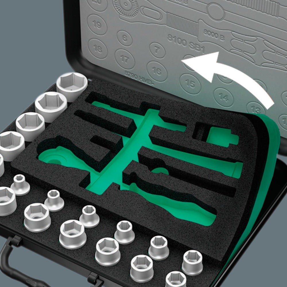 Juego de herramientas Wera 8100 sa sc 2 zyklop socket set (negro verde, 43 piezas, trinquete rápido con cabeza giratoria)