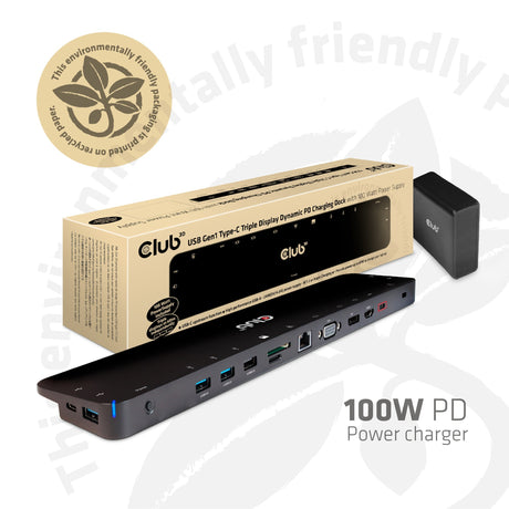 Club 3D USB-C 3.2 Gen1 Base de carga dinámica PD de triple pantalla Estación de acoplamiento de 100 W (negro)