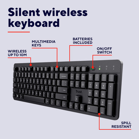 Trust Ody II teclado inalámbrico (negro, distribución UE (QWERTY), membrana, silencioso)