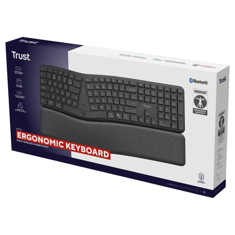Trust Keyra teclado inalámbrico ergonómico (negro, distribución estadounidense (QWERTY), 100%, 2,4 GHz USB | Bluetooth)