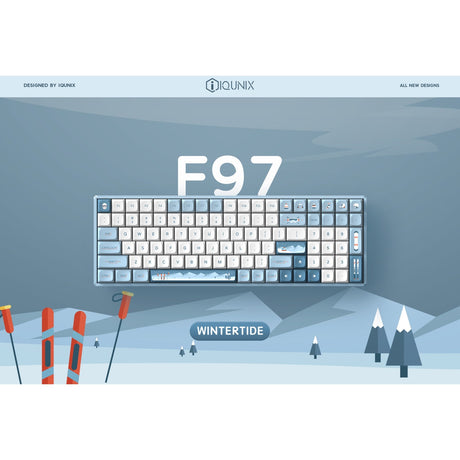 Teclado mecánico inalámbrico Iqunix F97 Wintertide (azul claro, diseño EE. UU. (QWERTY), Cherry MX Brown, 96 %, LED RGB, intercambiable en caliente, PBT, 2,4 GHz | Bluetooth 5.1 | USB-C)