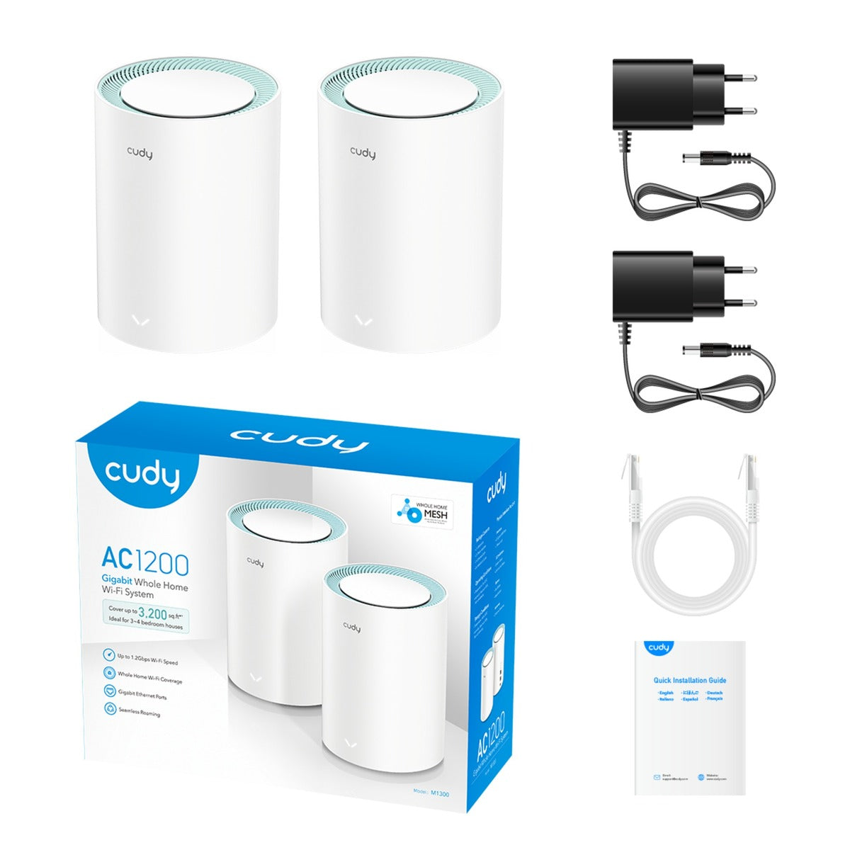 Enrutador de malla con sistema Wi-Fi de malla gigabit Cudy ac1200 (paquete de 2) (blanco)