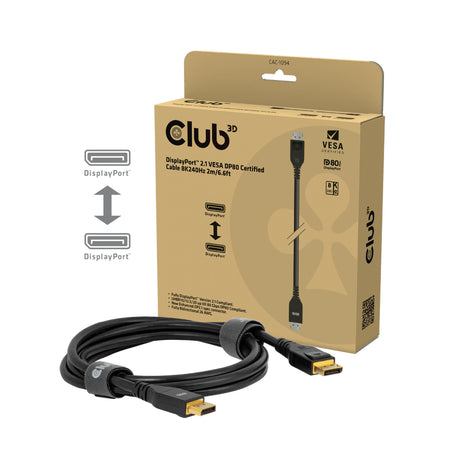 Cable displayport 2.1 Vesa DP80 certificado Club 3D (negro, 2 metros, 8k 240hz, 10k 60hz, 80gbps)