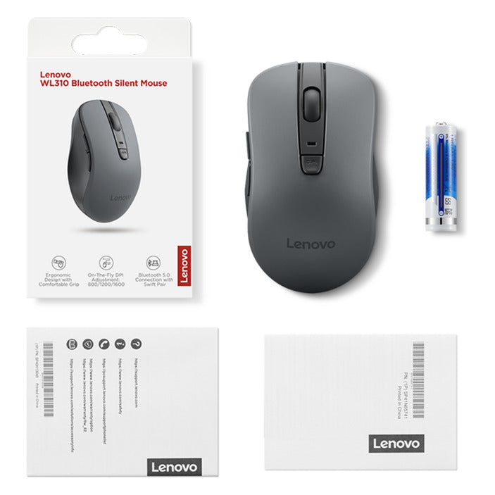 Ratón bluetooth silencioso Lenovo wl310 (gris, 800 - 1600 dpi, bluetooth 5.0)