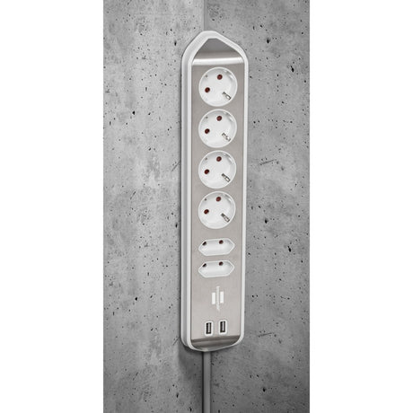 Brennerstuhl ®estilo regleta de caja de conexión de esquina con función de carga USB 6 vías 4x enchufes protectores 2x euro plata blanco