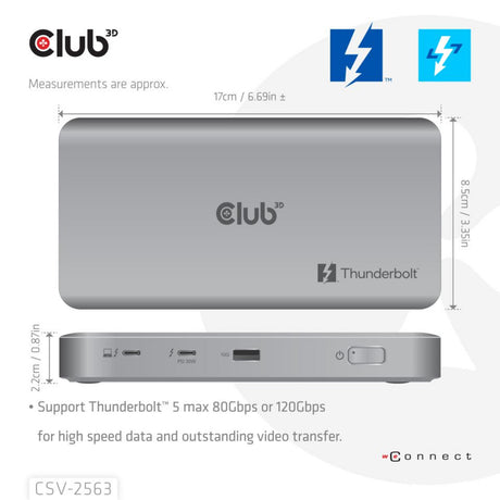 Estación de acoplamiento de vídeo triple Club 3D 5-1 Thunderbolt 5 Hub (gris)