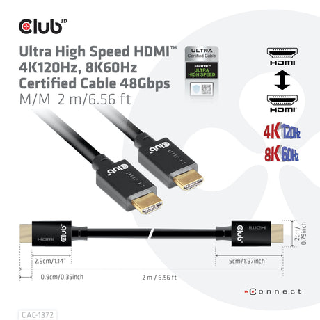 Cable Club 3D de ultra alta velocidad HDMI 2.1 certificado macho-macho (negro, 2 metros, 4K 120Hz, 8K 60Hz, 48Gbps)