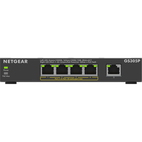 Conmutador no administrado Netgear de 5 puertos poe+ gigabit ethernet soho (gs305p) (negro)