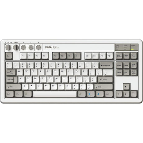 Teclado mecánico retro 8bitdo edición m (gris, diseño estadounidense (qwerty), caja kailh blanca, 80% (tkl), bluetooth de bajo consumo, inalámbrico 2,4 g, usb)