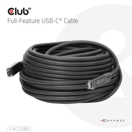 Cable USB-C con todas las funciones Club 3D, 15 m (negro, 8k60 hz 10 gbps 60 w)