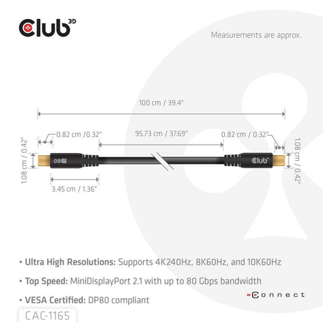 Club 3D Cable bidireccional Mini DisplayPort a Mini DisplayPort DP80 (Negro, 1 Metro, Certificado Vesa)