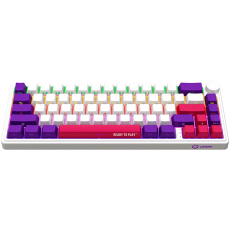 Teclado mecánico para juegos Lorgar kbp70mw rgb (blanco, diseño estadounidense (qwerty), morado tóxico logar, 65%, rgb, intercambiable en caliente, pbt de doble disparo, bluetooth | 2,4 ghz | usb)