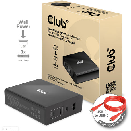 Cargador de viaje Club 3D con tecnología gan de 132 W, cuatro puertos USB tipo a y c (negro, suministro de energía (pd) 3.0)