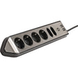 Brennerstuhl ®estilo regleta de caja de conexiones de esquina con función de carga USB 6 tomas de corriente 4 tomas de protección 2 euros plata negro