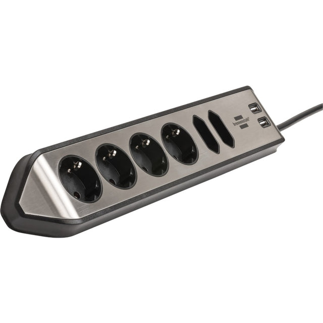 Brennerstuhl ®estilo regleta de caja de conexiones de esquina con función de carga USB 6 tomas de corriente 4 tomas de protección 2 euros plata negro