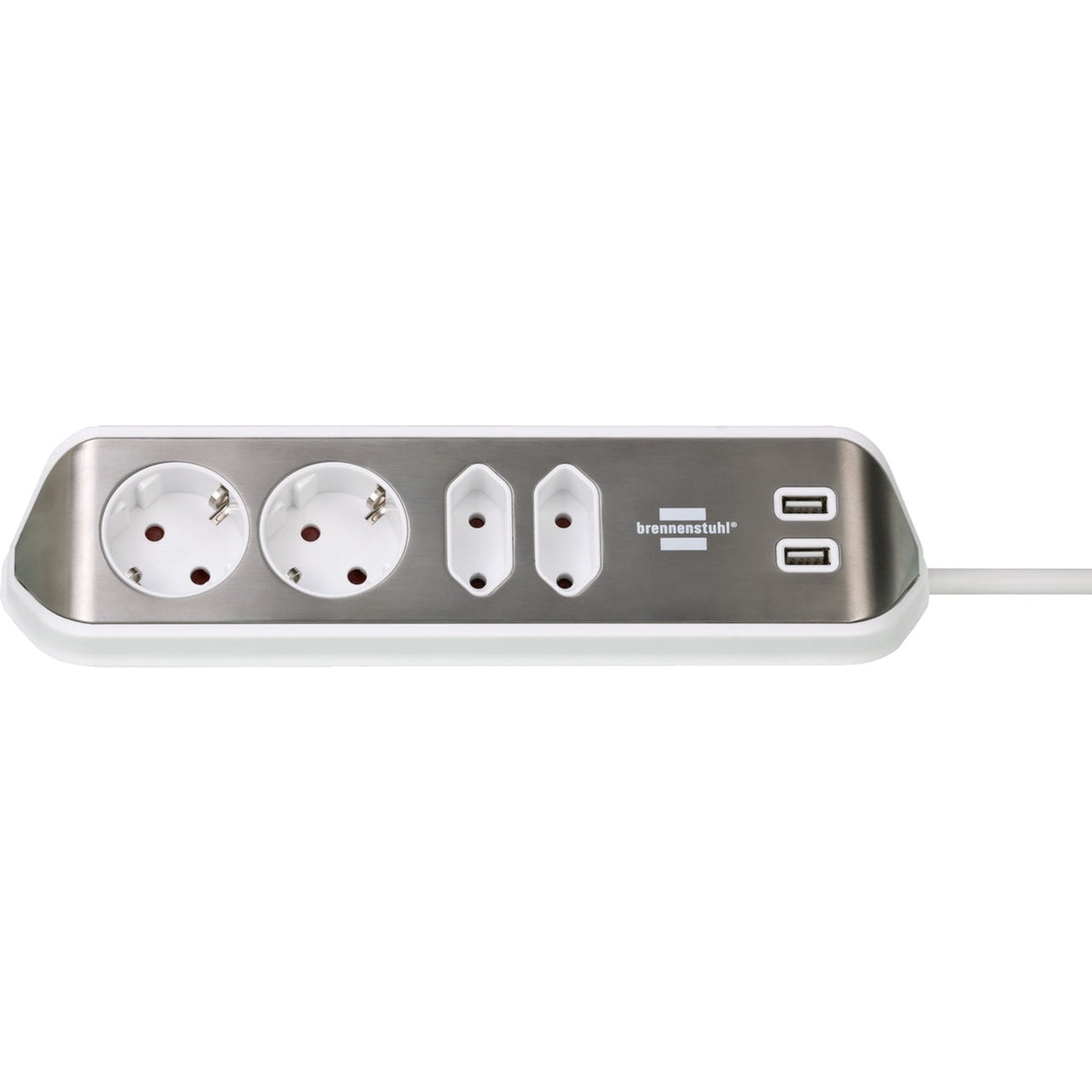 Brennerstuhl ®estilo regleta de caja de conexión de esquina con función de carga USB 4 vías 2x enchufes protectores 2x euro plata blanco