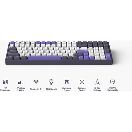Teclado mecánico inalámbrico Iqunix f97 lavandin (lavanda, diseño estadounidense (qwerty), rojo cereza mx silencioso, 96%, leds rgb, intercambiable en caliente, pbt, 2,4 ghz | bluetooth 5.1 | usb-c)