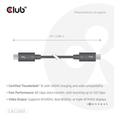 Cable club 3d thunderbolt 5 certificado 8k240hz (negro, datos 80 120 gbps, epr 240 vatios, 1 metro)