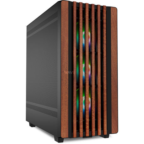 Carcasa midi tower Sharkoon rebel c70m rgb (color madera negro | 2x usb-a | 1x usb-c | rgb)