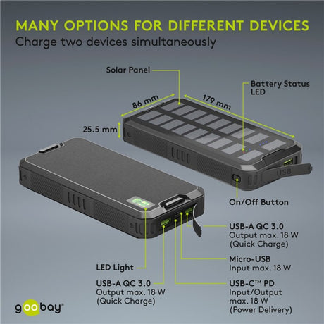 Banco de energía solar para exteriores Goobay de 20.000 mah con banco de energía con suministro de energía (negro)