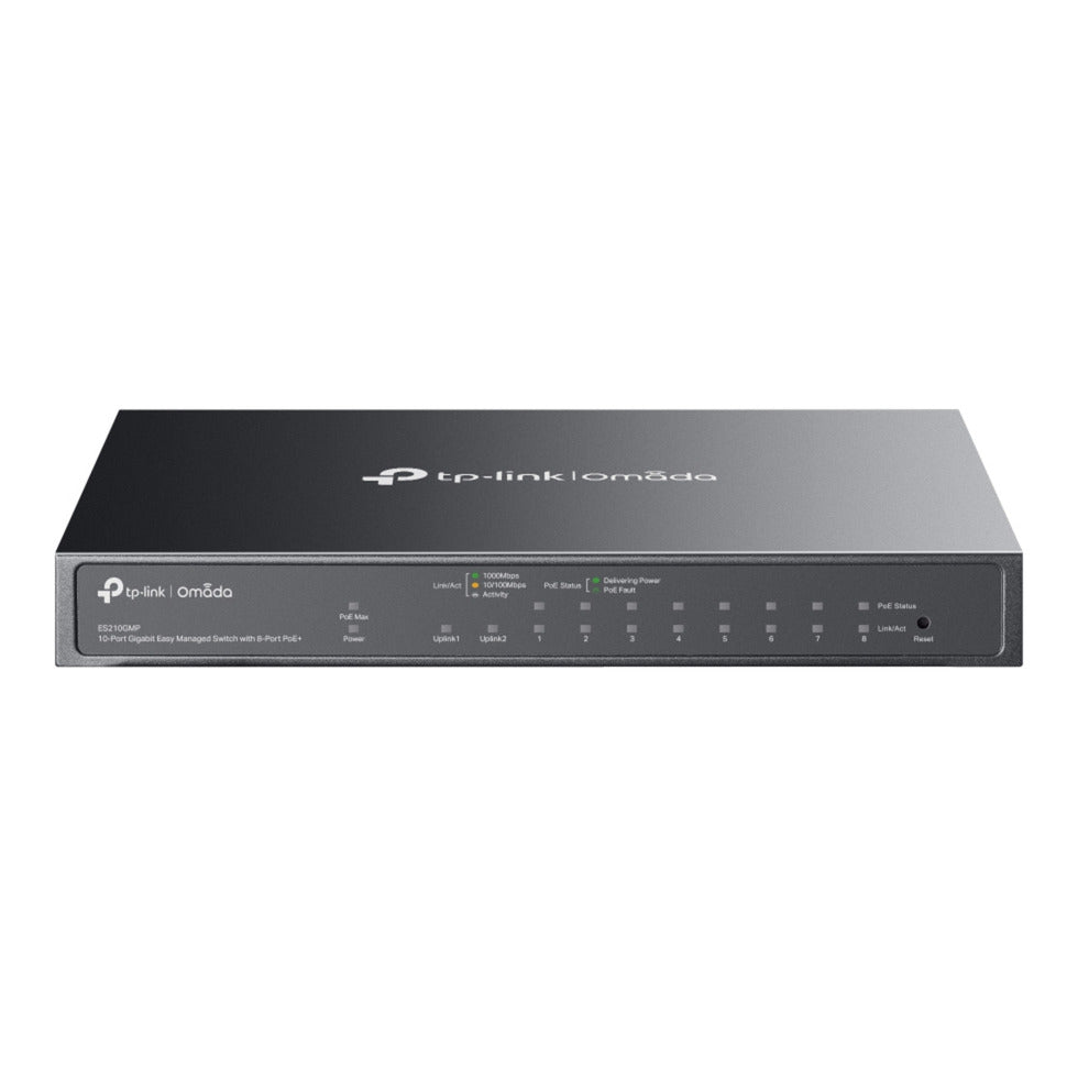 Tp-link omada es210gmp conmutador de fácil gestión gigabit de 10 puertos (negro, 8x poe+, 1x gigabit sfp)