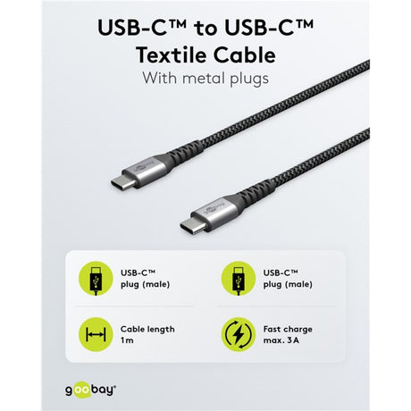 Cargador rápido Goobay USB-C nano (65 W) y cable textil USB-C (negro, 1 metro)