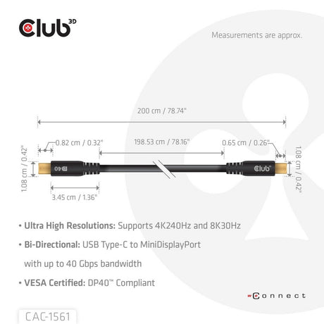 Club 3D Adaptador Bidireccional USB-C a Mini DisplayPort DP40 (Negro, 2 Metros, Certificado Vesa)