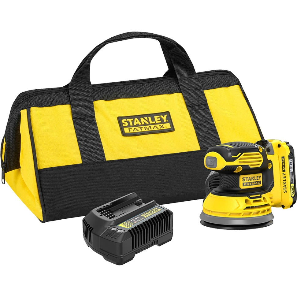 Lijadora excéntrica Stanley fatmax v20 18v (amarillo negro, bolsa blanda, batería (2.0ah) y cargador (2a) incluidos)