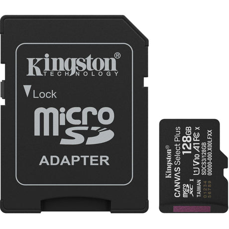 Tarjeta de memoria Kingston Canvas Select Plus 128 GB MicroSDXC (negra, UHS-I U1, Clase 10, V10, incl. adaptador SD)