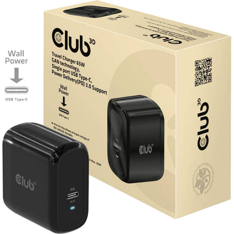 Cargador de viaje Club 3D PPS 65W tecnología gan (negro, USB-C, power delivery (PD) 3.0)