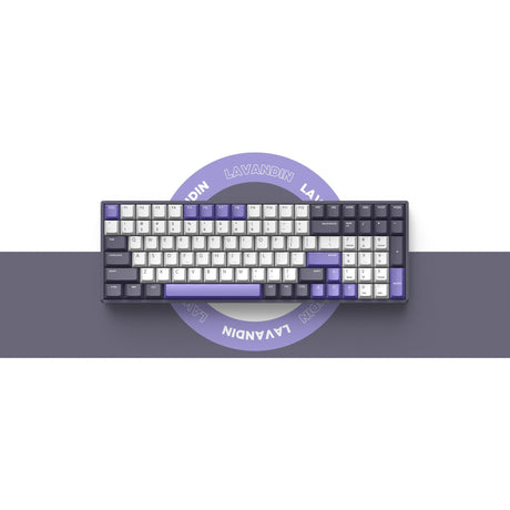 Teclado mecánico inalámbrico Iqunix f97 lavandin (lavanda, diseño estadounidense (qwerty), marrón cereza mx, 96%, leds rgb, intercambiable en caliente, pbt, 2,4 ghz | bluetooth 5.1 | usb-c)