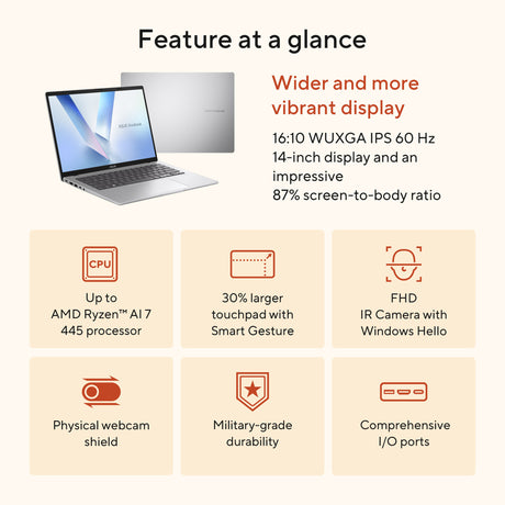 Asus vivobook 14 m1407ga-ly012w 14 copiloto+ portátil (plateado | ryzen ai 7 445 | radeon 840m | 16 GB | 512 GD SSD)