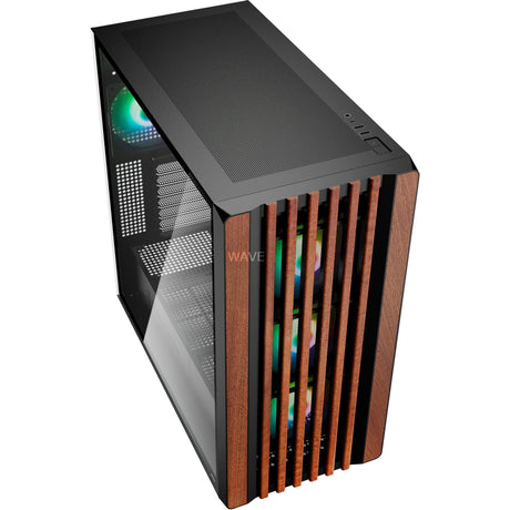 Carcasa midi tower Sharkoon rebel c70g rgb (color madera negro | 2x usb-a | 1x usb-c | rgb | vidrio templado)